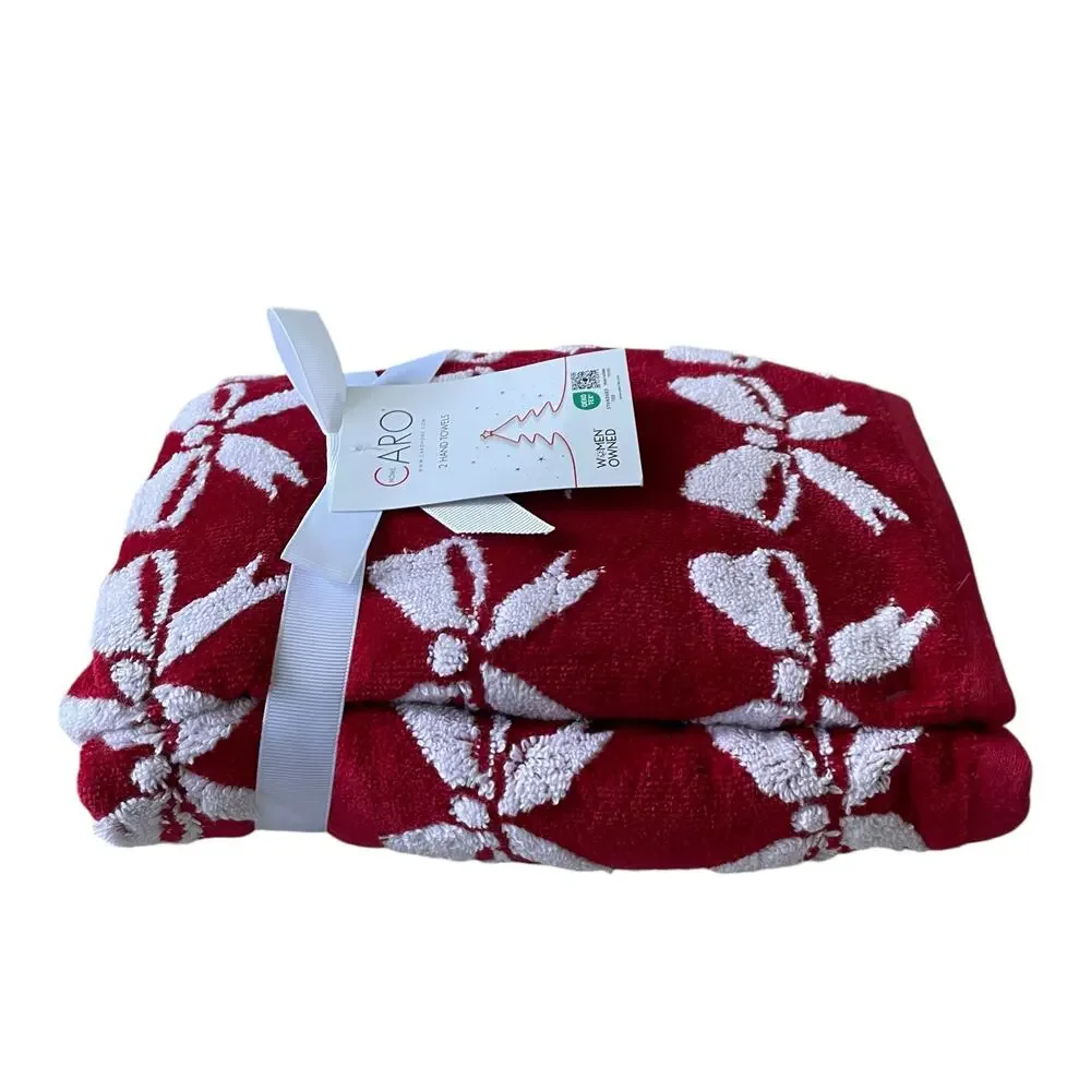 Caro Home CHRISTMAS BOW Hand Towels Set of 2 Red & White Holiday Decor